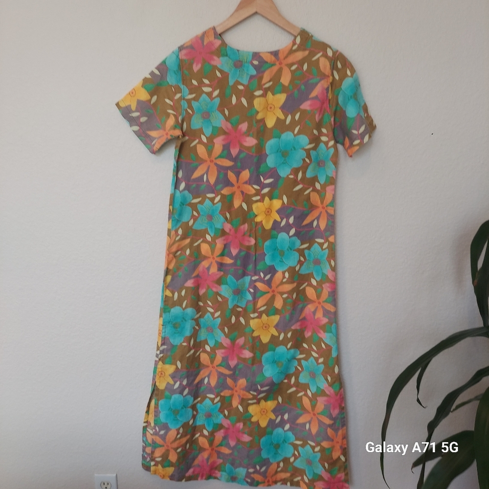 Vintage 1950's A Line Floral Dress Short Sleeve Side Slits Sz S - Picture 3 of 15